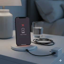 iPhone 14 Pro Max Wireless Charging Issues Illustration Showing Device On Charger With Charging Error Indicator.