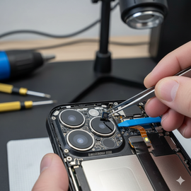 iPhone 14 Proximity Sensor Replacement Service Showing Technician Repairing Front Sensor Module for Accurate Face Detection and Screen Dimming.