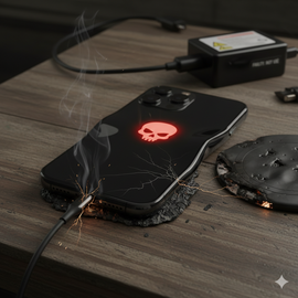 iPhone 15 Pro charging issue diagnosis and repair service at Apple Center Bangladesh showing expert technician fixing charging port problems.