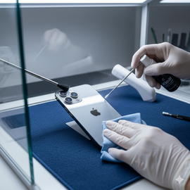 iPhone 15 Pro professional cleaning service at Apple Center Bangladesh showing detailed dust and moisture removal by expert technicians in Dhaka.