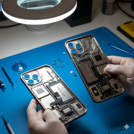 iPhone 15 Pro housing replacement service at Apple Center Bangladesh showing original titanium body frame installation by expert technicians in Dhaka.