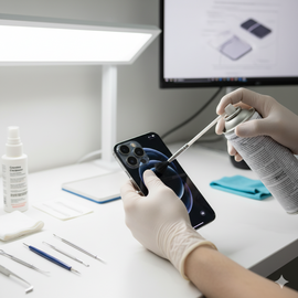 IPhone 16 Pro Cleaning Service Showing Professional Technician Carefully Cleaning The Device To Restore Shine And Performance.