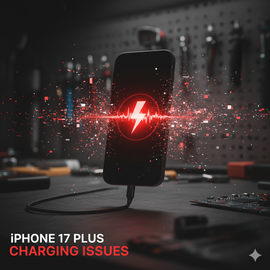 IPhone 17 Plus Charging Issues Illustration Showing Device Connected To Charger With Power Problem Indicator.