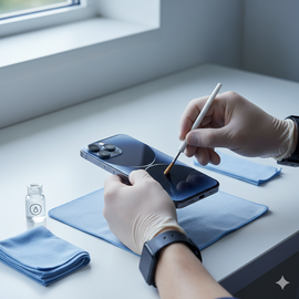 iPhone 17 Plus Cleaning Service Showing Professional Technician Carefully Cleaning iPhone With Specialized Tools On White Background.