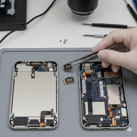 iPhone 17 Plus Ear Speaker Replacement Showing Technician Fixing Earpiece Component On Smartphone.