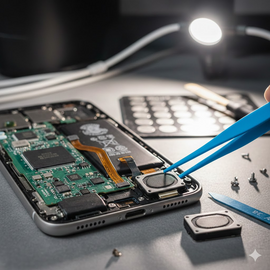 iPhone 17 Plus Loud Speaker Replacement Showing Professional Technician Installing Genuine Loudspeaker Component On Apple Device.