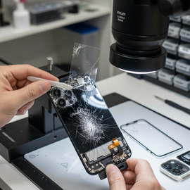 IPhone 17 Plus Upper Glass Replacement Showing Professional Screen Repair Process With Genuine Parts.