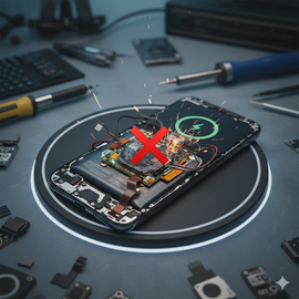 iPhone 17 Plus Wireless Charging Issues Illustration Showing Device On Charging Pad With Error Notification.