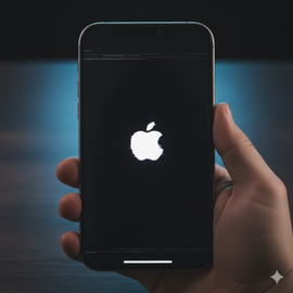 Professional technician at Apple Center Bangladesh repairing an IPhone 17 Pro stuck on the Apple logo screen, performing recovery mode software restoration on a connected computer during system boot issue service.