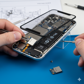 Expert technician at Apple Center Bangladesh replacing the Taptic Engine on an IPhone 17 Pro, carefully removing the old vibration motor module and installing a new genuine unit secured by screws near the bottom of the opened device during professional haptic feedback repair service