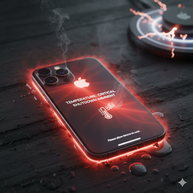 IPhone 17 Pro showing on-screen ‘IPhone needs to cool down’ temperature warning while lying on a table, emphasizing overheating and high device temperature problem during normal use.