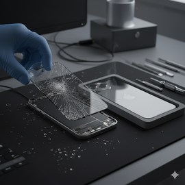 IPhone 17 Pro front view displaying cracked upper glass near Dynamic Island and earpiece area after drop damage, highlighting need for precise upper glass replacement service at Apple repair center