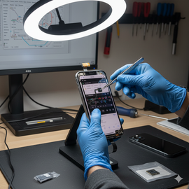 Professional technician at Apple Center Bangladesh replacing the front selfie camera module on an IPhone 17 Pro, carefully installing a genuine front camera assembly near the top of the display during precise repair service.