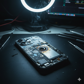 Professional technician at Apple Center Bangladesh inspecting an IPhone 17 Pro for liquid damage, with the device opened to reveal internal components and visible corrosion near the logic board during water damage assessment and cleaning service