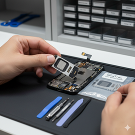 Professional technician at Apple Center Bangladesh replacing the bottom loud speaker module on an IPhone 17 Pro, carefully removing the old speaker and installing a new genuine loudspeaker unit inside the opened device