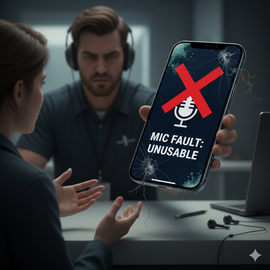 Skilled technician at Apple Center Bangladesh testing and replacing faulty microphone components on IPhone 17 Pro, inspecting bottom mic near USB-C port and top earpiece mic during professional mic issues repair service.