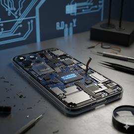 Expert technician at Apple Center Bangladesh diagnosing ‘No Modem Firmware’ issue on IPhone 17 Pro, checking cellular settings and modem status on the screen while performing professional network and baseband repair service.