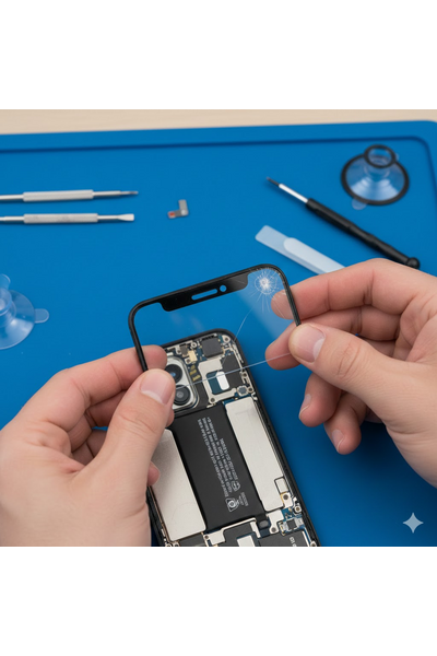 iPhone 16 Pro Max Upper Glass Replacement Showing Front Screen Repair Process With Genuine Glass Panel Installation