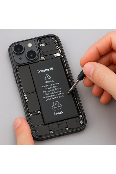 Technician Replacing an IPhone 14 Battery with a Genuine Apple Battery at a Professional Repair Station.