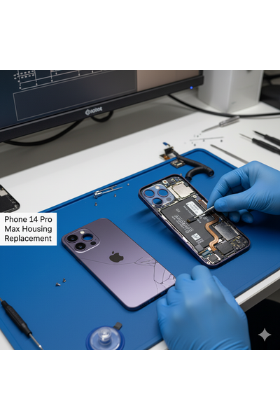 iPhone 14 Pro Max Housing Replacement Showing Back Cover Frame With Camera Lens And Button Slots.