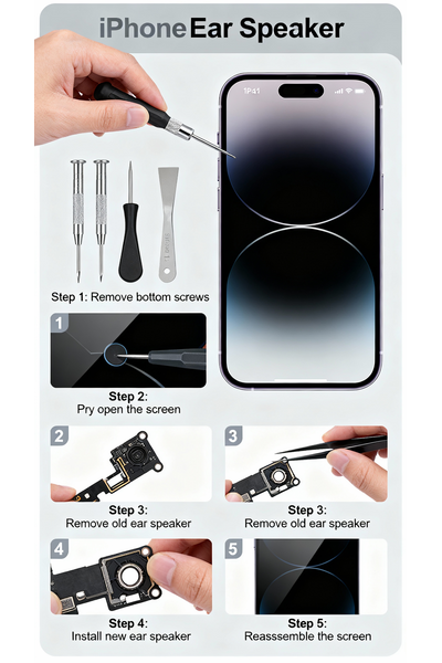 Technician Performing IPhone 14 Ear Speaker Replacement with Precision Tools at a Repair Workstation in Dhaka, Bangladesh.