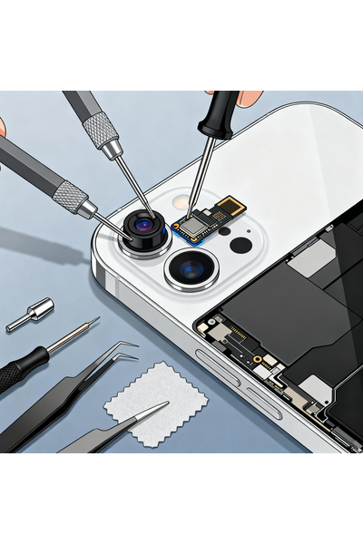 Technician Replacing IPhone 14 Front Camera Module with Precision Tools at Apple Repair Center in Dhaka, Bangladesh.
