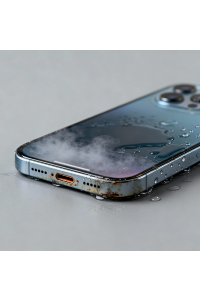 IPhone 14 With Visible Liquid Damage on Screen and Internal Components, Showing Water Exposure and Corrosion Signs.