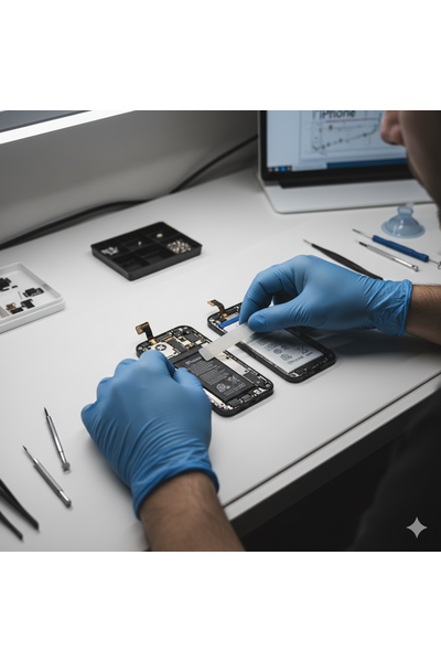 IPhone 14 Pro Battery Replacement Service Showing Technician Replacing Original Battery Inside The Device.