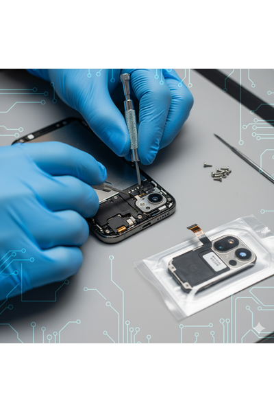 iPhone 14 Pro Front Camera Replacement Image Showing Technician Replacing Front Camera Module On IPhone 14 Pro.