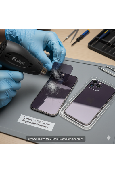 iPhone 14 Pro Max Back Glass Replacement Showing Rear Panel Repair Process With Genuine Apple Parts.