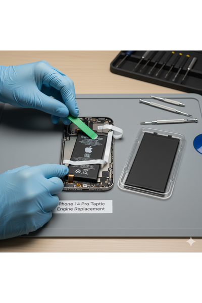 iPhone 14 Pro Max Battery Replacement Showing Technician Installing New Genuine Battery In Apple Smartphone.