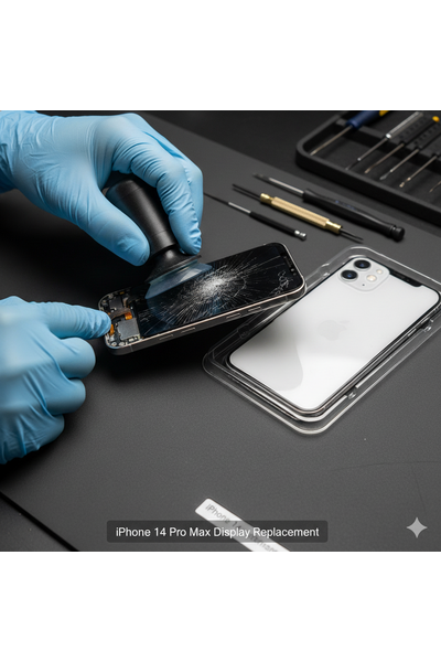 iPhone 14 Pro Max Display Replacement Service Showing Technician Installing New Screen.