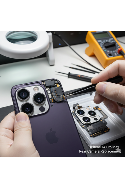 iPhone 14 Pro Max Rear Camera Replacement Showing Technician Installing New Genuine Camera Module.