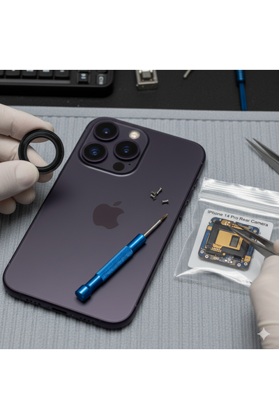 IPhone 14 Pro Rear Camera Replacement Service Showing Professional Technician Fixing The Rear Camera Module On A Smartphone.