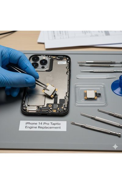 iPhone 14 Pro Taptic Engine Replacement Showing Internal Vibration Motor Component Being Replaced By Technician.