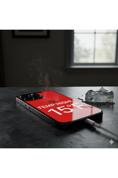 iPhone 14 Temperature High Issues Illustration Showing Overheating Warning On Screen.