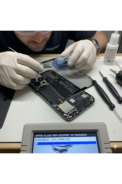IPhone 15 Pro Max Upper Glass Replacement Showing Damaged Front Panel Being Repaired With Genuine Replacement Glass.