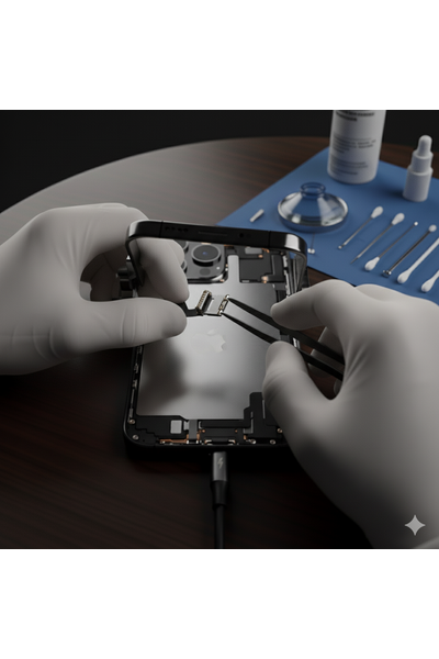 IPhone 16 Front Camera Replacement Showing Technician Carefully Installing New Genuine Camera Module On Device Screen Assembly