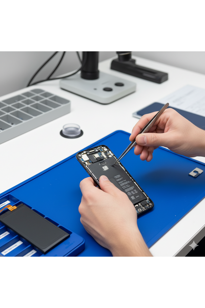 IPhone 16 Pro Max Battery Replacement Service Showing Technician Replacing Genuine Battery Inside Device