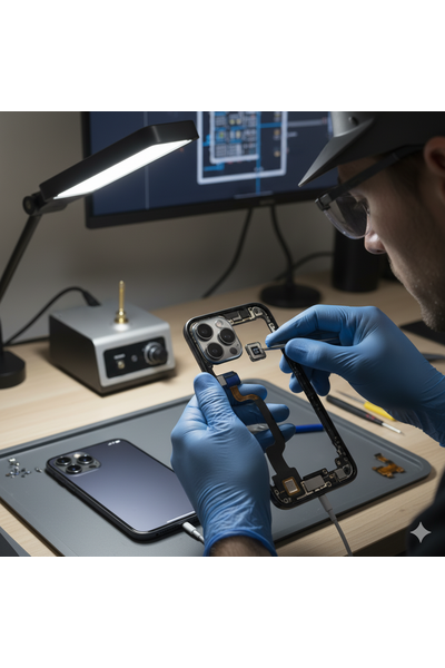 IPhone 16 Pro Max Front Camera Replacement Showing Technician Installing New Camera Module On Device Screen Assembly