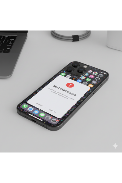 IPhone 16 Pro Max Software Issues Illustration Showing Device Error Screen And System Bug Notification.