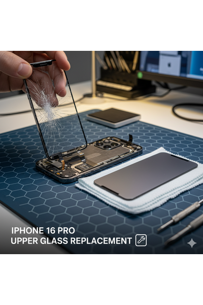 IPhone 16 Pro Upper Glass Replacement Showing Front Screen Repair Process With Precision Tools On A Clean Workbench.