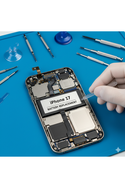 IPhone 17 Battery Replacement Service Showing Technician Replacing Original Battery Inside IPhone 17 For Improved Performance And Long Battery Life.