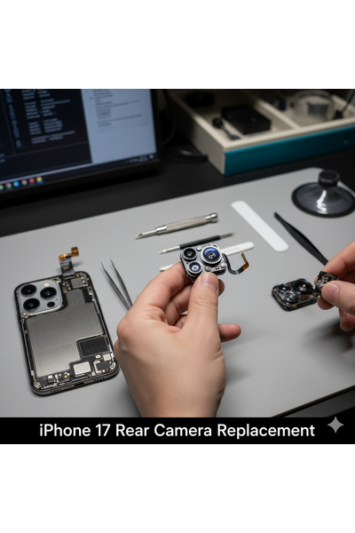 IPhone 17 Rear Camera Replacement Service Showing Technician Replacing Damaged Rear Camera Module With Genuine Part.