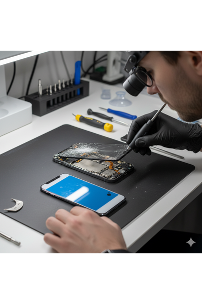 IPhone 17 Upper Glass Replacement Showing Front Screen Repair Process With Genuine Parts.