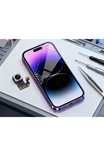 iPhone 14 Plus Front Camera Replacement Showing Technician Fixing Front Camera Module With Precision Tools On A Clean Workbench.