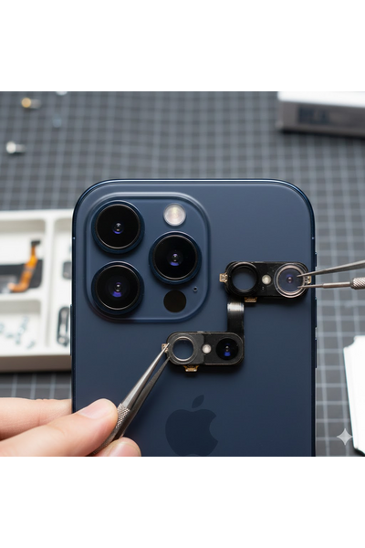 iPhone 14 Plus Rear Camera Replacement Showing Technician Fixing Back Camera Module With Precision Tools On Workbench.