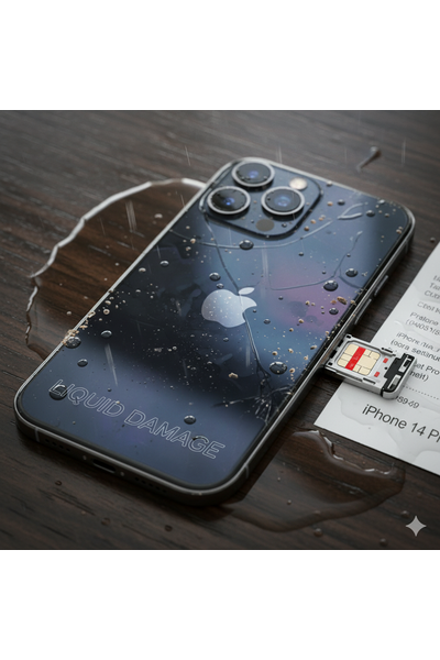 IPhone 14 Pro With Liquid Damage Showing Water Exposure Signs On Screen And Internal Components.