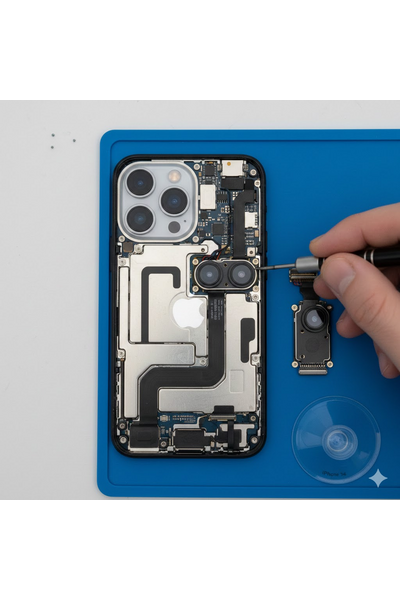Technician Replacing the Rear Camera Module of an IPhone 14 Using Precision Tools on a Clean Repair Workstation.