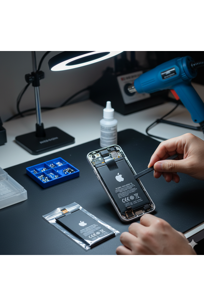 IPhone 15 battery replacement for swollen or fast-draining cells, showing technician removing back glass, disconnecting adhesive pull-tabs or using high-concentration isopropyl alcohol to lift old battery, cleaning residue, and installing new genuine battery with stretch-release adhesive strips.